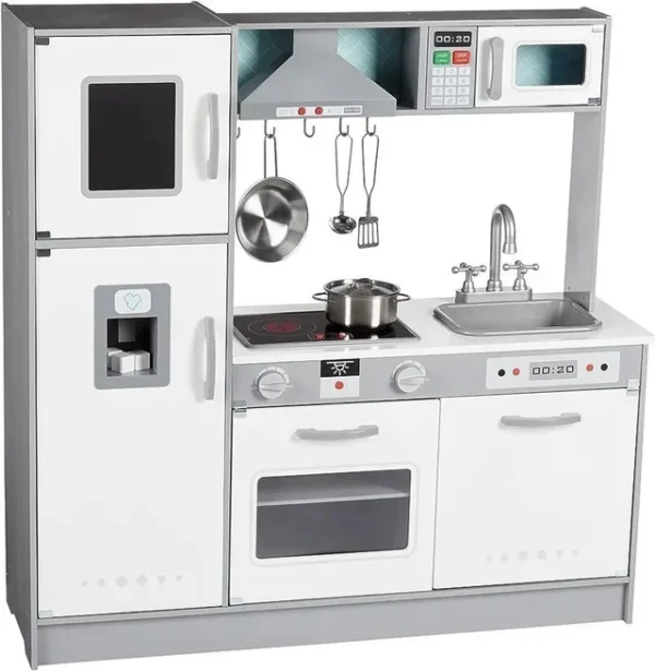 Cocina de juguete, disposición en línea, de madera